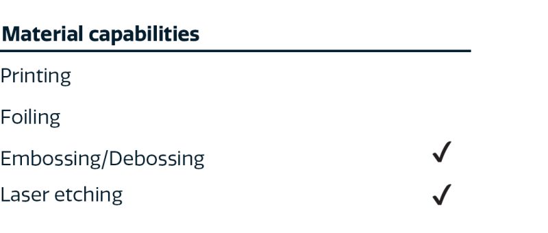 embossing/debossing: yes, laser etching: yes