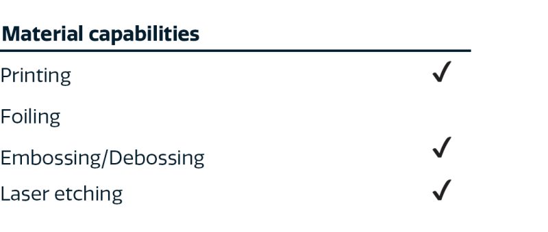 printing: yes, embossing/debossing: yes, laser etching: yes
