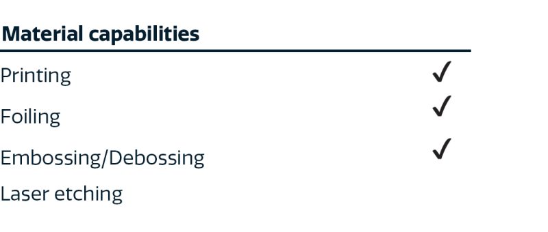 printing: yes, foiling: yes, embossing/debossing: yes