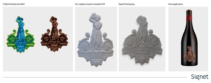 Process of Iter Wine 2D to 3D sculpted badge